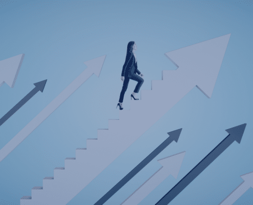 A professional woman ascending a staircase of success with upward-pointing arrows, symbolizing strategic career advancement as discussed in Measured Ability's blog post on maximizing career growth for job seekers.