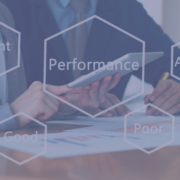 Business professionals conducting a performance evaluation with a tablet, overlayed with metrics of 'Excellent, Good, Average, Poor,' representing Measured Ability's best practices and innovative approaches for year-end reviews.