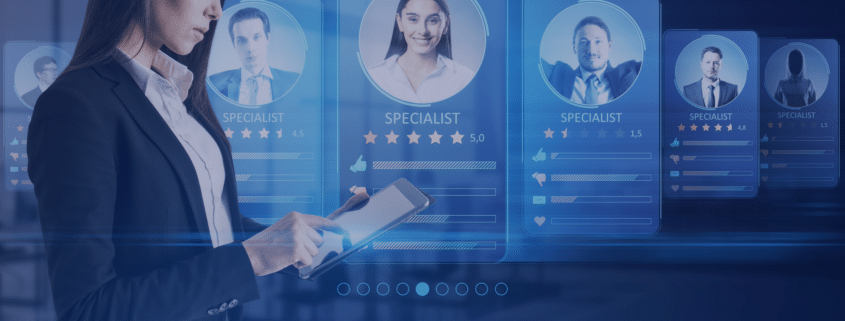 Human resource professional evaluating potential candidates on a digital interface, showcasing high ratings and qualifications for efficient screening, as discussed in Measured Ability's blog on optimizing hiring processes.