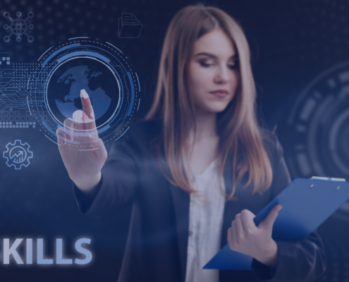 Businesswoman interacting with futuristic interface displaying global skills trends for 2024