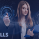 Businesswoman interacting with futuristic interface displaying global skills trends for 2024