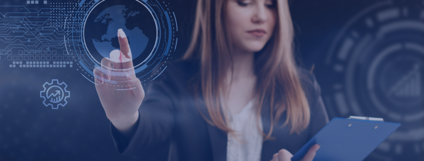 Businesswoman interacting with futuristic interface displaying global skills trends for 2024