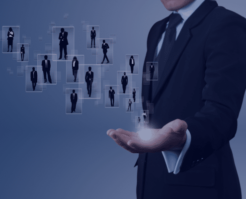 Businessman presenting a network of finance professionals, symbolizing the innovative trends in finance recruitment for 2024, with a focus on strategic networking and leveraging technology for talent acquisition