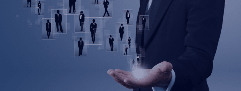 Businessman presenting a network of finance professionals, symbolizing the innovative trends in finance recruitment for 2024, with a focus on strategic networking and leveraging technology for talent acquisition
