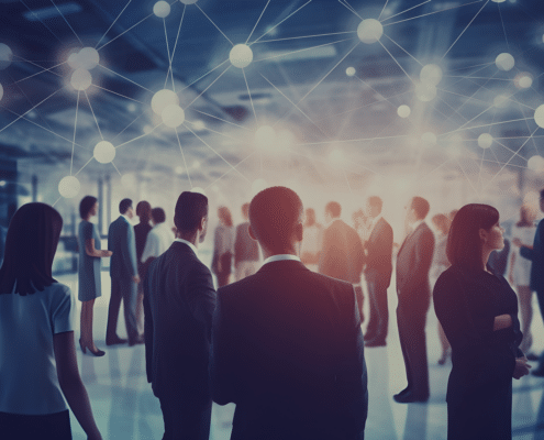 Group of finance professionals networking in a corporate event, connecting and exchanging information, illustrating the essential networking skills for job seekers in the finance sector."