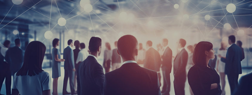 Group of finance professionals networking in a corporate event, connecting and exchanging information, illustrating the essential networking skills for job seekers in the finance sector."