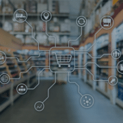 Digital illustration of retail supply chain and management icons overlaid on a supermarket aisle, symbolizing the complexities of retail management recruitment.