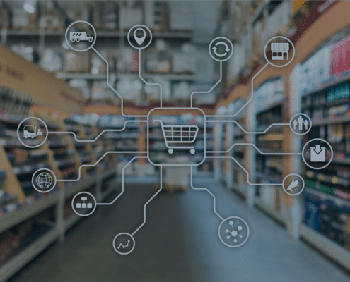 Digital illustration of retail supply chain and management icons overlaid on a supermarket aisle, symbolizing the complexities of retail management recruitment.