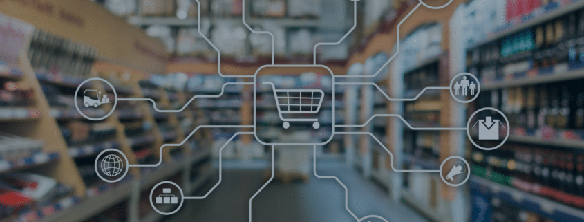 Digital illustration of retail supply chain and management icons overlaid on a supermarket aisle, symbolizing the complexities of retail management recruitment.
