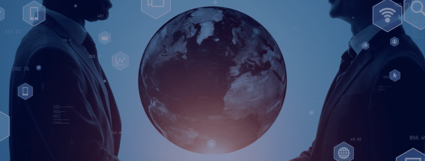 Two business professionals shaking hands in silhouette with a digital globe in the background, symbolizing the global impact of sustainable recruitment practices.