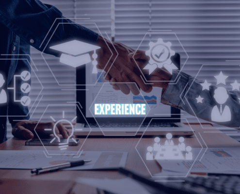 Two professionals shaking hands, with virtual icons representing skills and experience, encapsulating the strategy to bridge the experience gap for new graduates."
