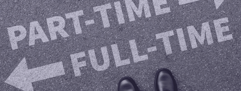 Person standing at a crossroads with arrows pointing to 'PART-TIME' and 'FULL-TIME', representing the choice between contract work and full-time employment.