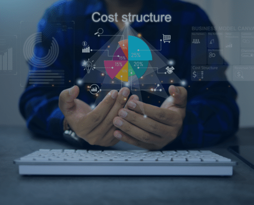 A business professional analyzing a cost structure chart on a digital interface, illustrating the cost-benefit analysis of outsourcing payroll services.
