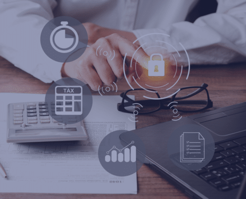 Professional working on payroll services with icons representing data security and best practices for protecting sensitive information