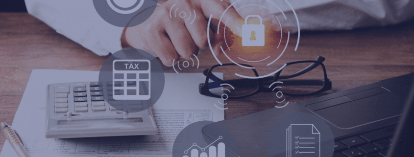 Professional working on payroll services with icons representing data security and best practices for protecting sensitive information